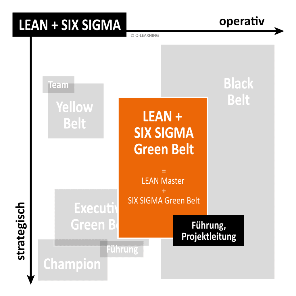 Flowchart illustrating Lean Six Sigma hierarchy, featuring roles like Green Belt, Black Belt, and Champion, with strategic and operational axes.