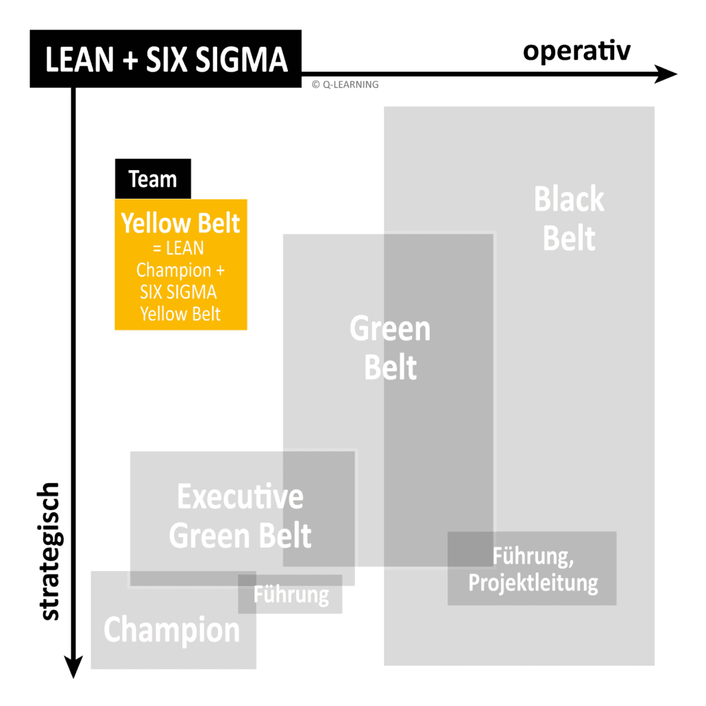 Flowchart showing Lean Six Sigma belts hierarchy: Yellow Belt, Green Belt, Black Belt, with strategic and operational axes.