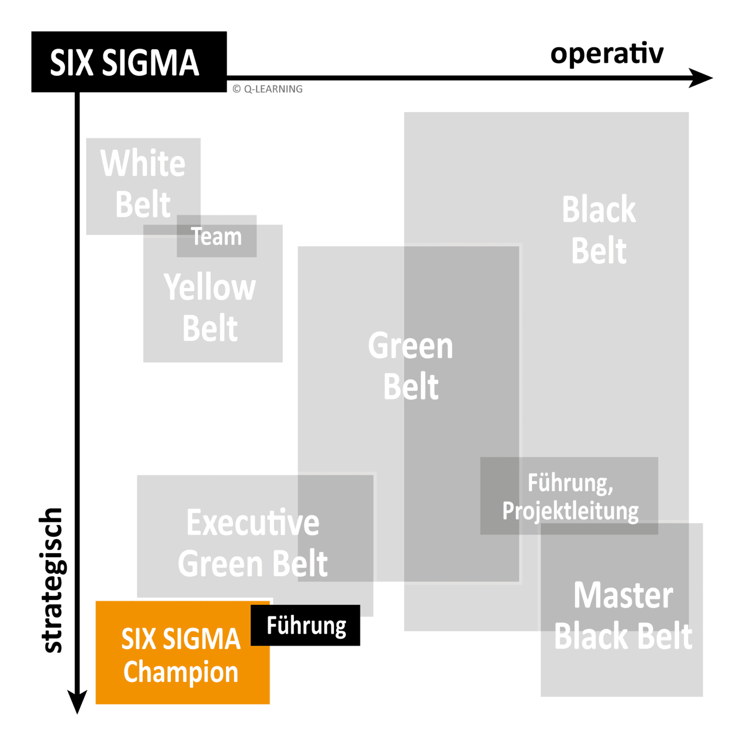 Flowchart illustrating Six Sigma belt hierarchy from strategic to operative roles, including White, Yellow, Green, Black, and Master Black Belts.