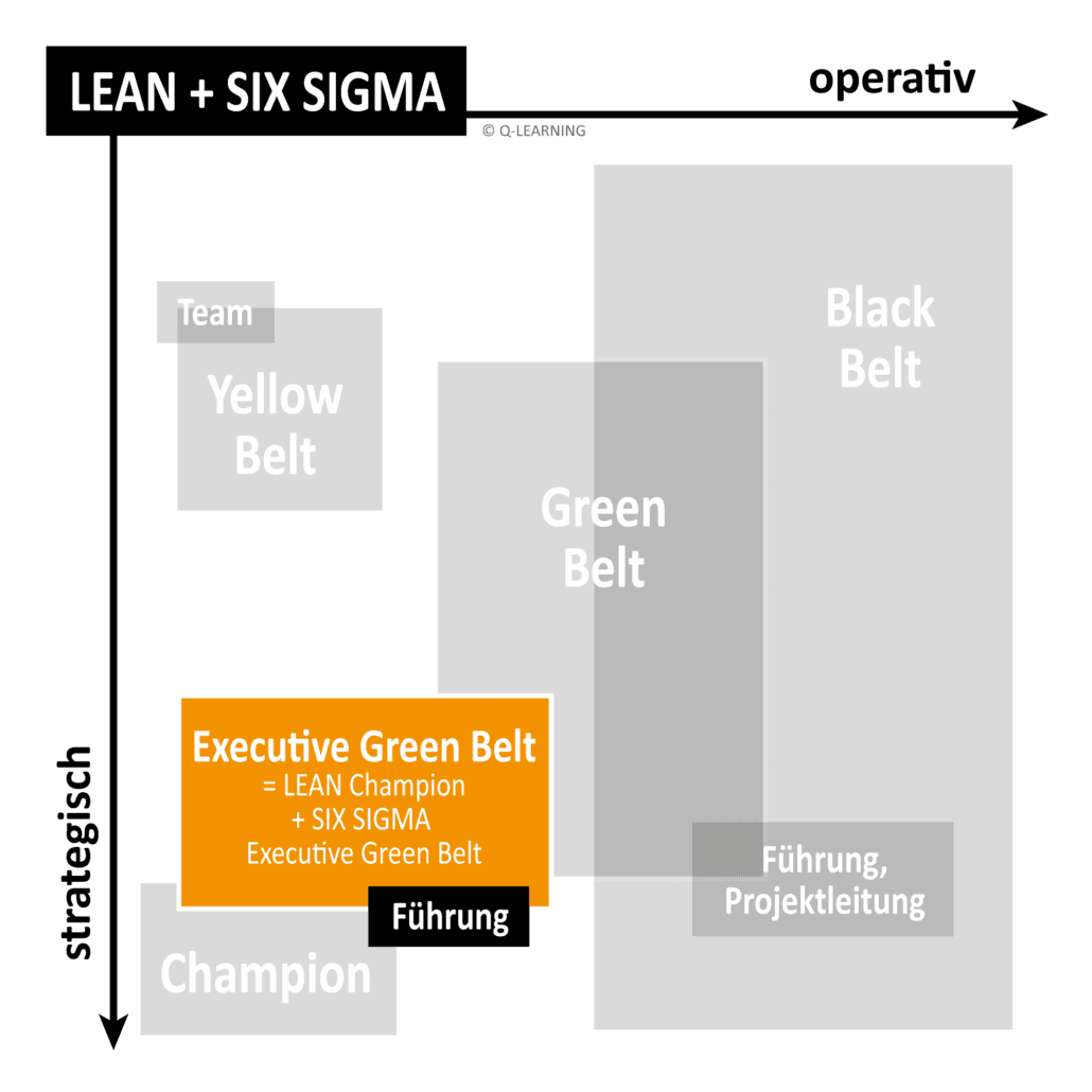 Flowchart illustrating Lean and Six Sigma roles, including Champion, Yellow Belt, Green Belt, Black Belt, and their strategic and operational focus.