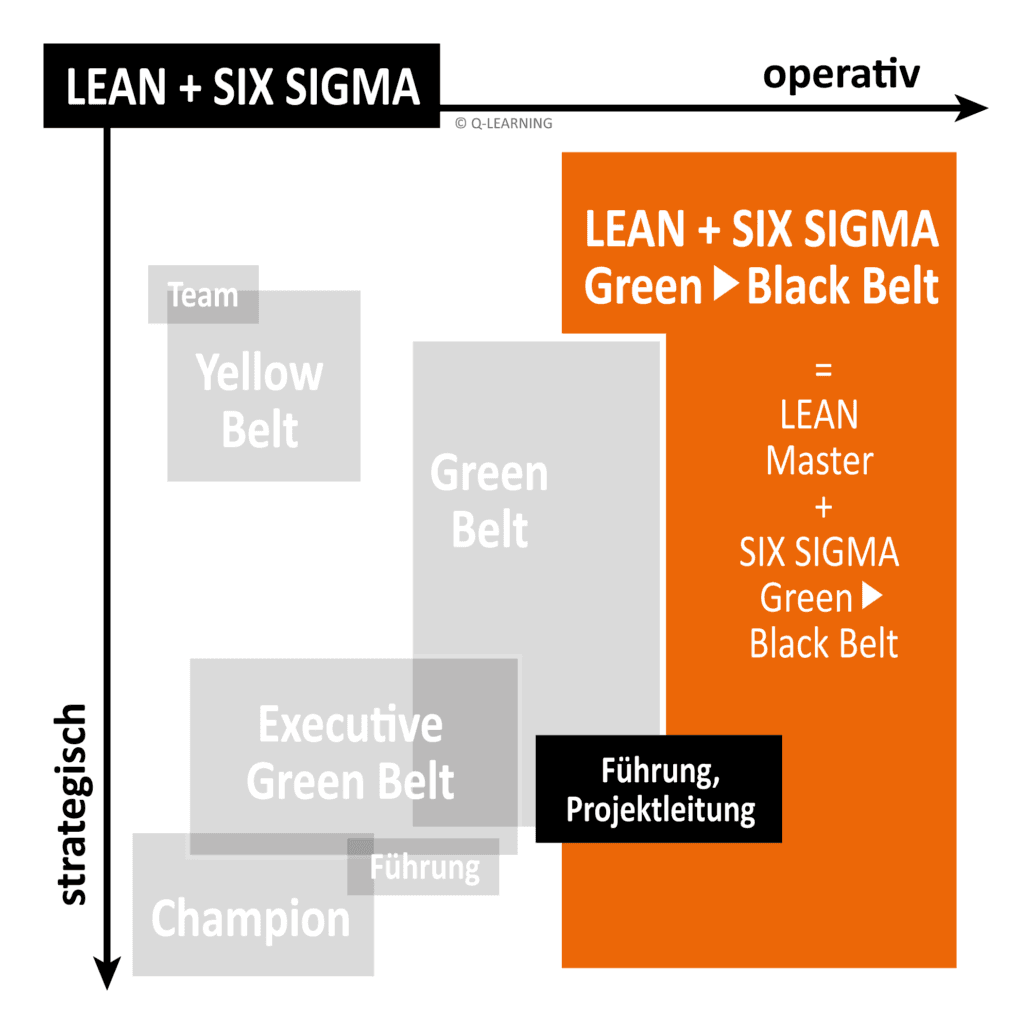 Flowchart illustrating LEAN + SIX SIGMA levels, from Yellow Belt to Green/Black Belt, with strategic to operational focus.