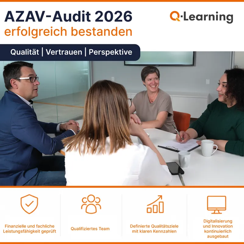 AZAV-Audit 2026 erfolgreich bestanden: Vier Personen im Beratungsgespräch am Konferenztisch, ergänzt um vier geprüfte Qualitätsmerkmale.