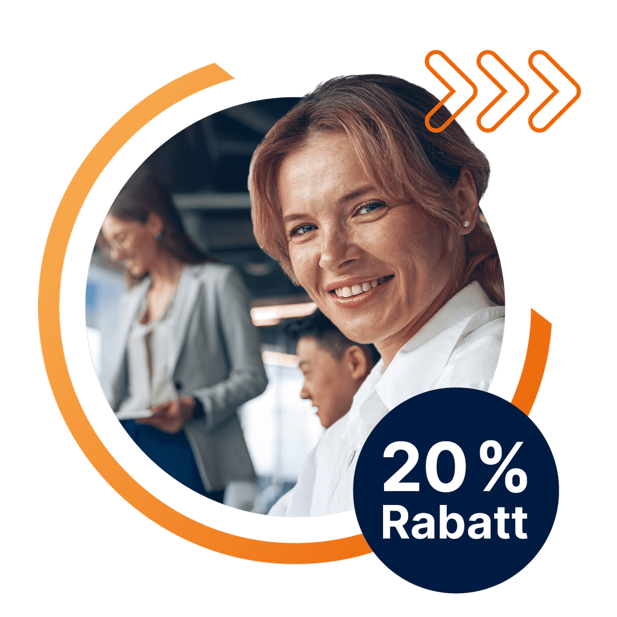 20 % Rabatt – Eine weibliche Fachkraft lächelt selbstbewusst in die Kamera