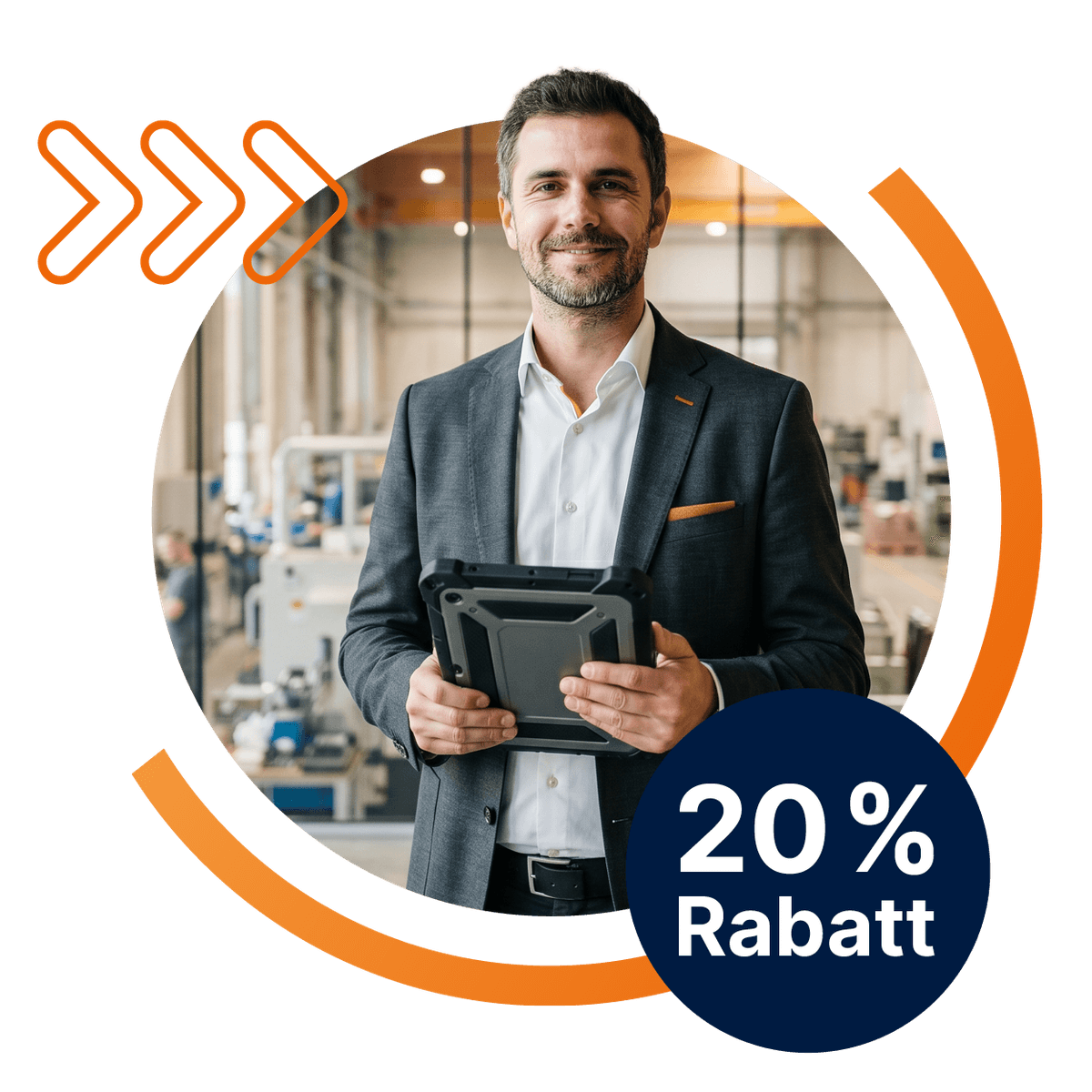 20 % Rabatt – Eine männliche Fachkraft lächelt selbstbewusst in die Kamera