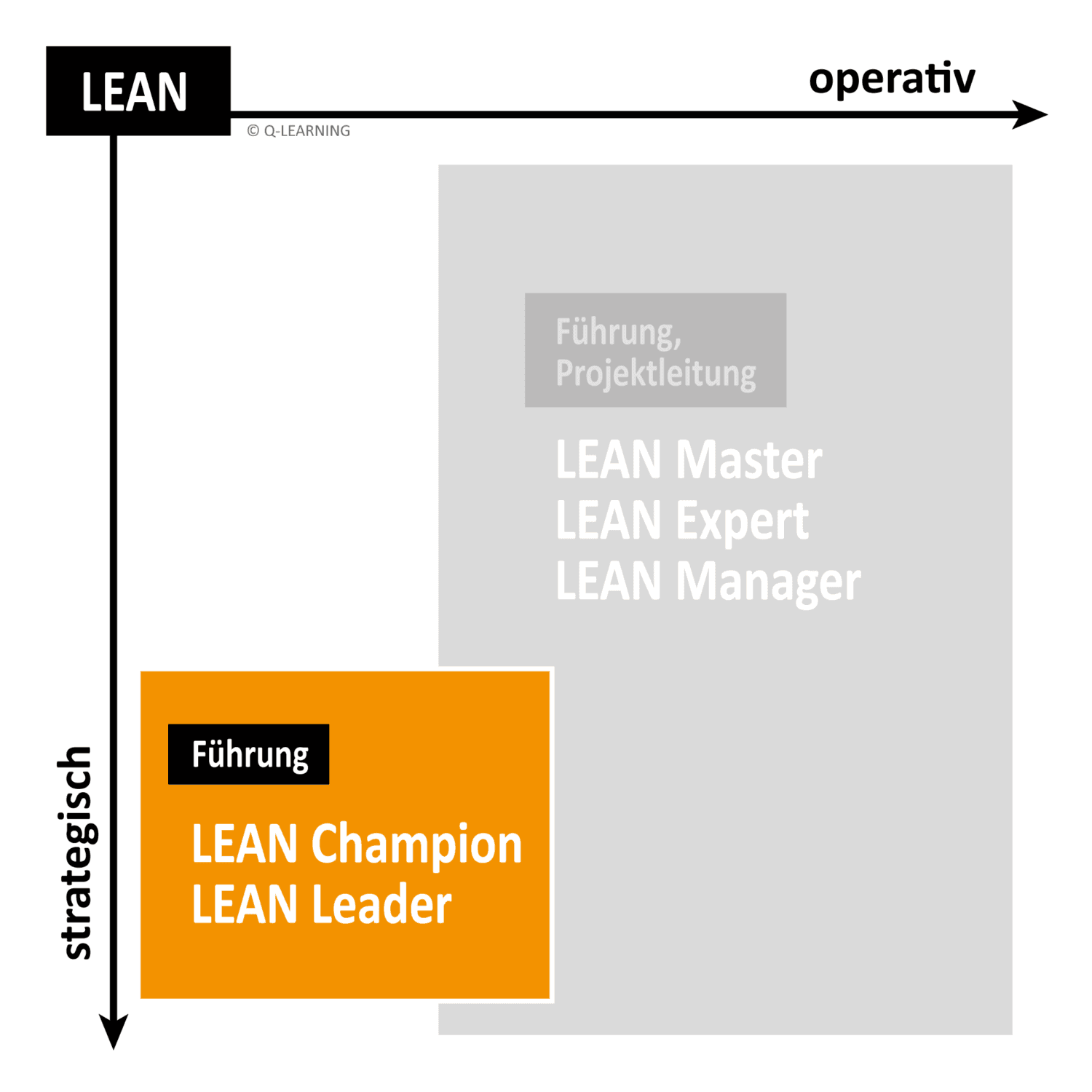 Flowchart depicting LEAN roles: "LEAN Champion" and "LEAN Leader" in an orange box, with "LEAN Master," "LEAN Expert," and "LEAN Manager" in gray.