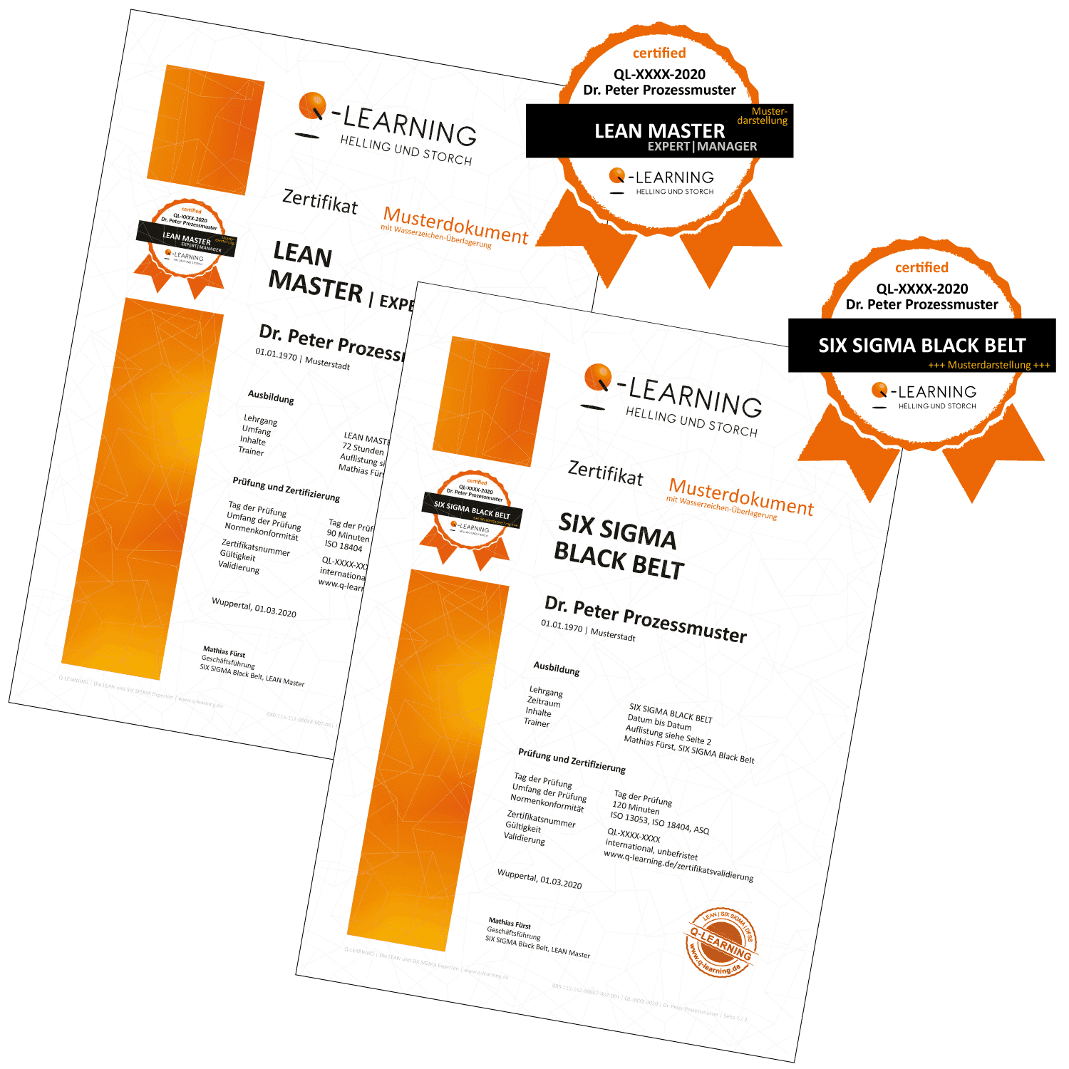 Two certificates for Lean Master and Six Sigma Black Belt, both awarded to Dr. Peter Prozessmuster by Q-LEARNING.
