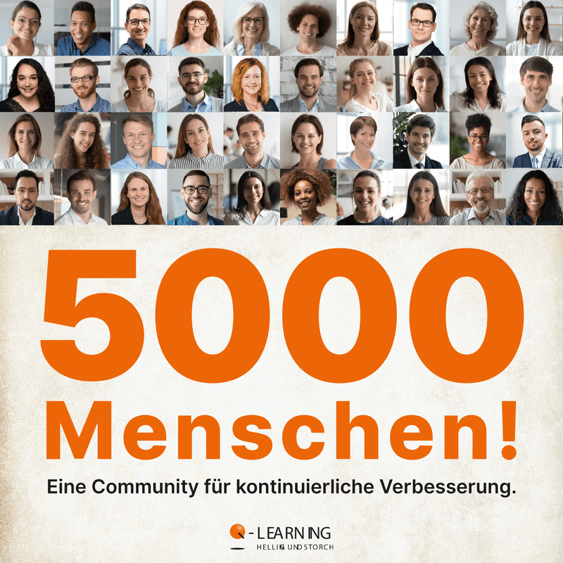 Banner mit Porträts vieler Menschen und der Überschrift „5000 Menschen! Eine Community für kontinuierliche Verbesserung.