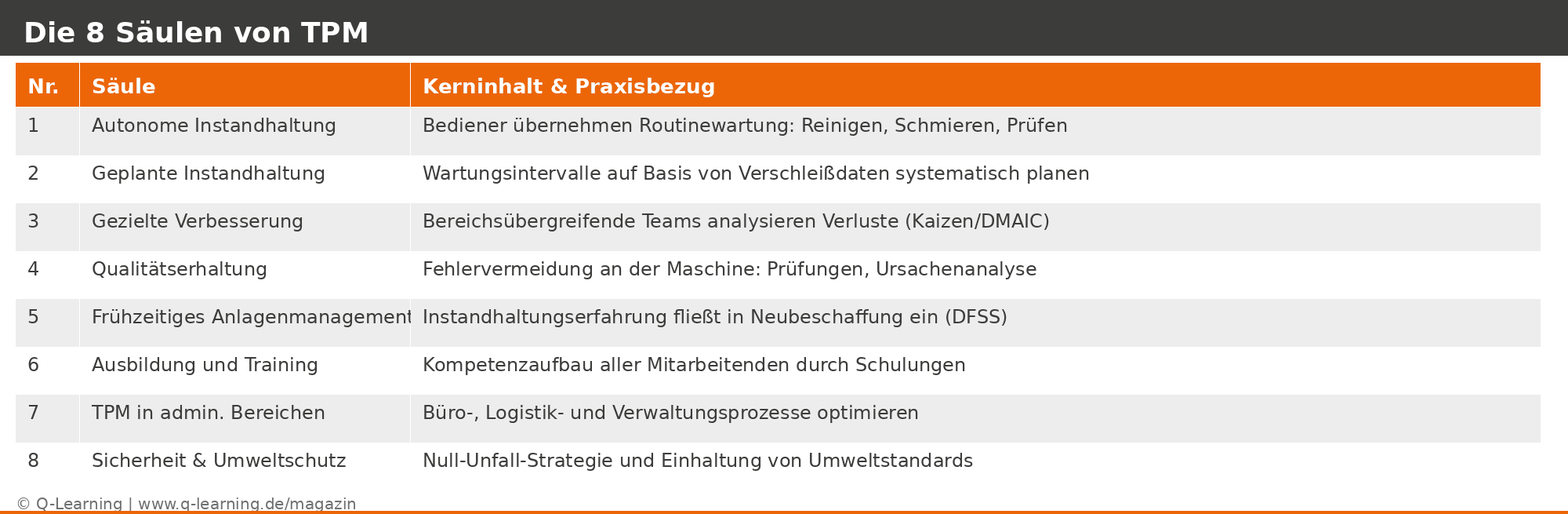 Tabelle der acht Saeulen von TPM mit Kerninhalt und Praxisbezug von autonomer Instandhaltung bis Umweltschutz.