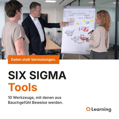 SIX SIGMA Tools: Trainer und zwei Kolleginnen besprechen am Flipchart ein Prozessschaubild, dazu Titel und Q-Learning Logo