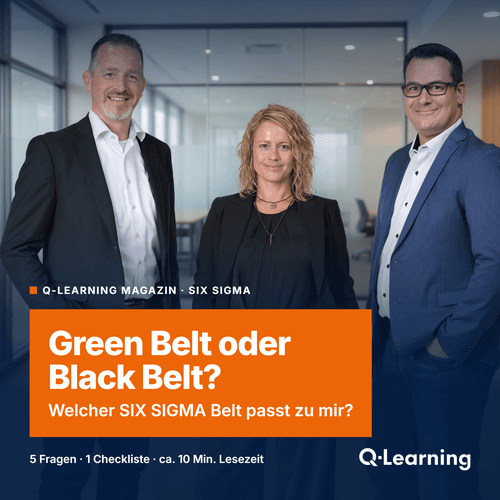 Titelbild Q-Learning Magazin: Drei Fach- und Führungskräfte im Büro, Headline „Green Belt oder Black Belt? Welcher SIX SIGMA Belt passt zu mir?“